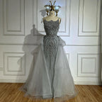 Luxury Dubai Nude Saudi Beaded Spaghetti Strap Evening Dress with Overskirt LA72810