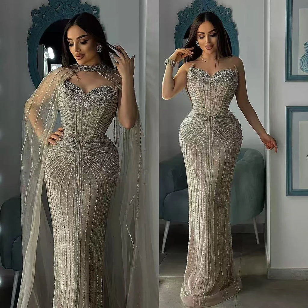 Luxury Dubai Caramel Beaded Evening Dress With Cape LA72811C - SERENE HILL