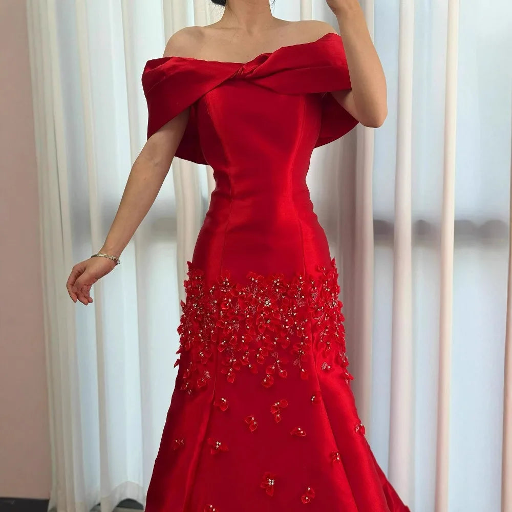 Luxury Peach Satin Mermaid Evening Dress with Appliques LA72483