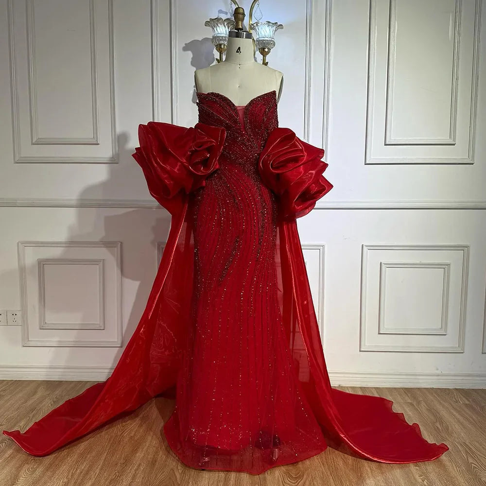 Red Trapless Mermaid Beaded Evening Dress with Cape LA72896
