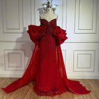 Red Trapless Mermaid Beaded Evening Dress with Cape LA72896