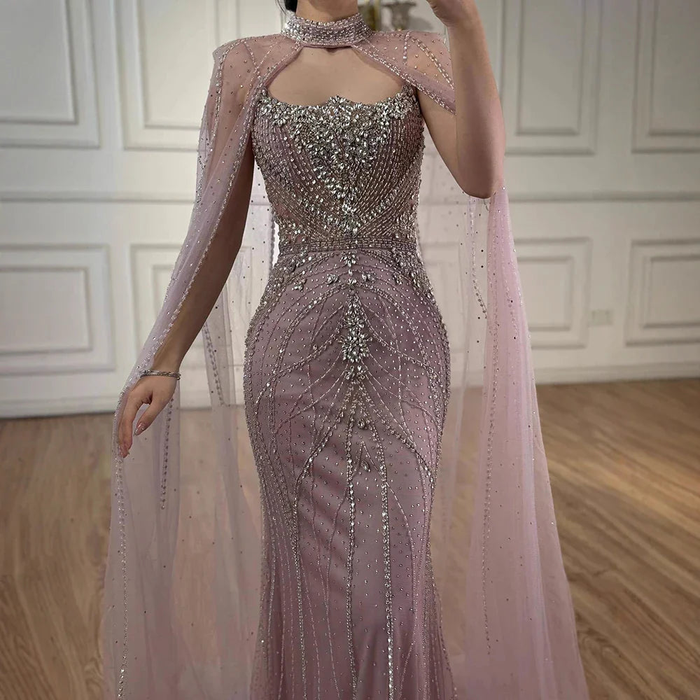 Luxury Dubai Nude Mermaid Evening Dress with Cape Sleeves LA73195 - SERENE HILL