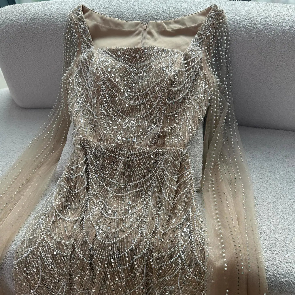 Luxury Dubai Nude Modest Muslin A-Line Evening Dress Plus Size LA72590B - SERENE HILL