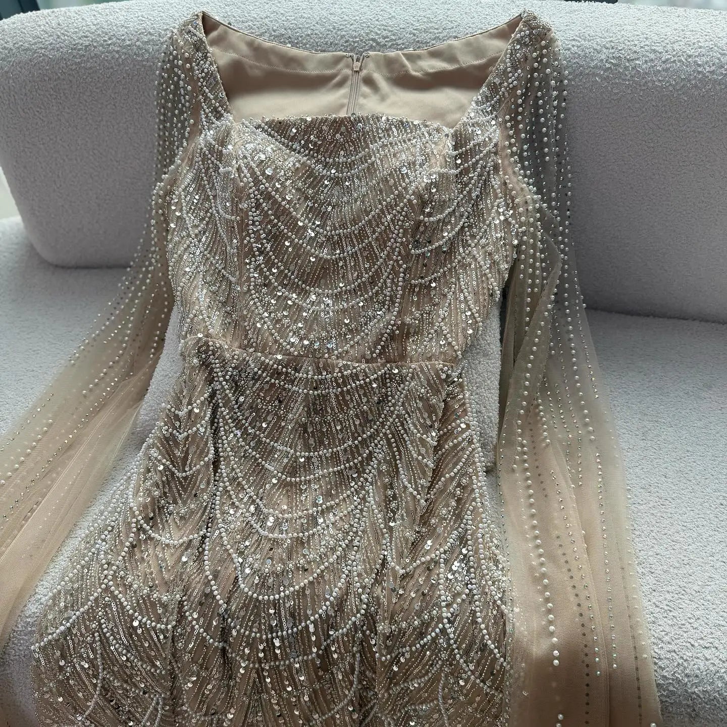 Luxury Dubai Nude Modest Muslin A-Line Evening Dress Plus Size LA72590B - SERENE HILL