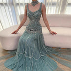 Luxury Turquoise Arabic Mermaid Beaded Evening Dress LA73189B