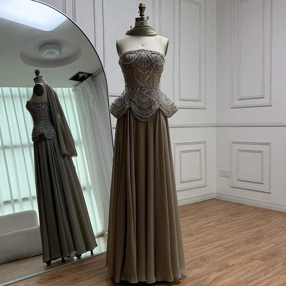 Luxury Designer Nude Beaded Chiffon Evening Dress LA72915