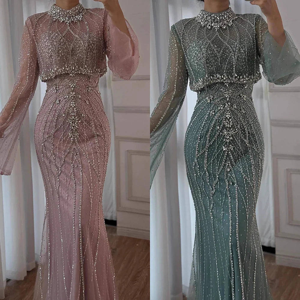 Luxury Turquoise Crystal Beaded Mermaid High Neck Long Sleeve Evening Dress LA73136