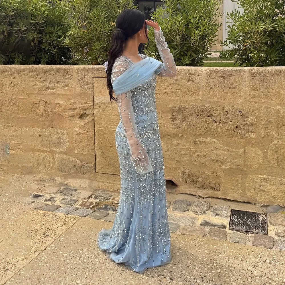 Luxury Dubai White Mermaid Beaded Evening Dress with  Cape Sleeves LA72714