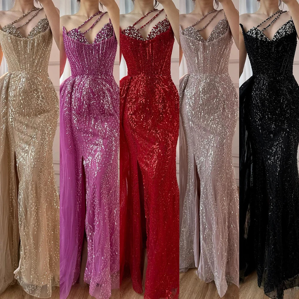 Luxury Nude Crystal Beaded One-Shoulder Evening Dress with Overskirt LA73161