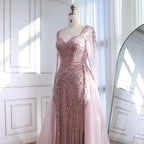 Luxury Dubai Pink Evening Dress Long Sleeve with Train LA73198 - SERENE HILL