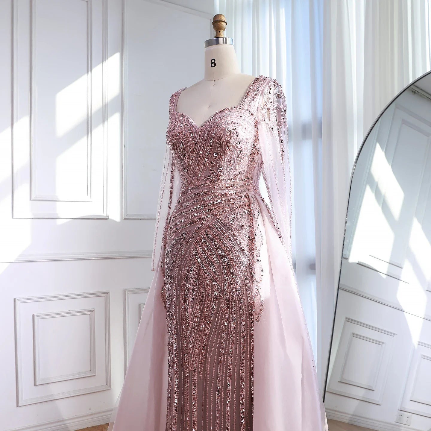 Luxury Dubai Pink Evening Dress Long Sleeve with Train LA73198 - SERENE HILL