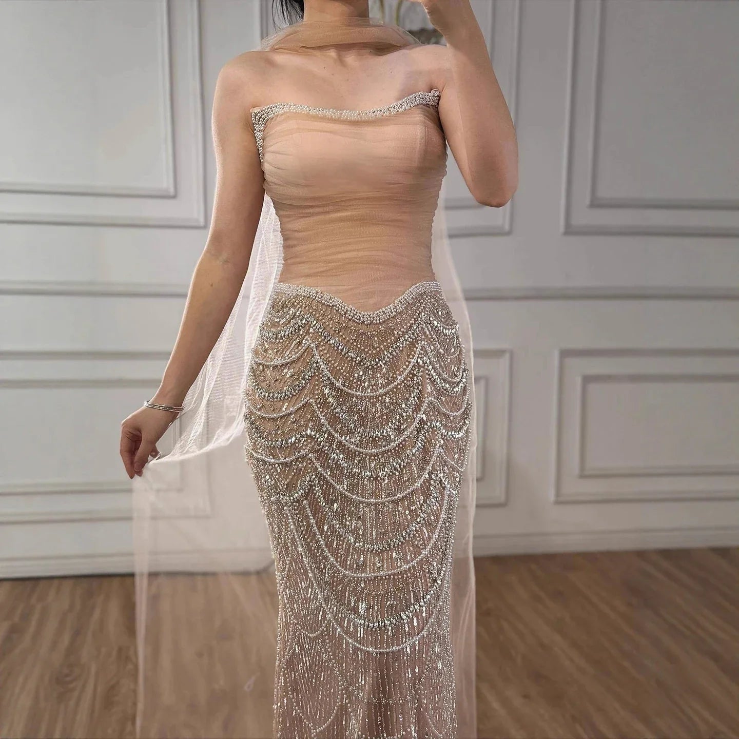Luxury Nude Mermaid Crystal Evening Dress for Wedding Guest LA73320 - SERENE HILL