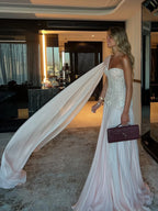 Luxury Pink Arabic Floral chiffon Evening Dress With Cape LA73451