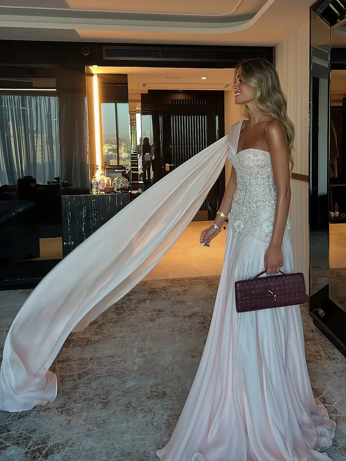 Luxury Pink Arabic Floral chiffon Evening Dress With Cape LA73451