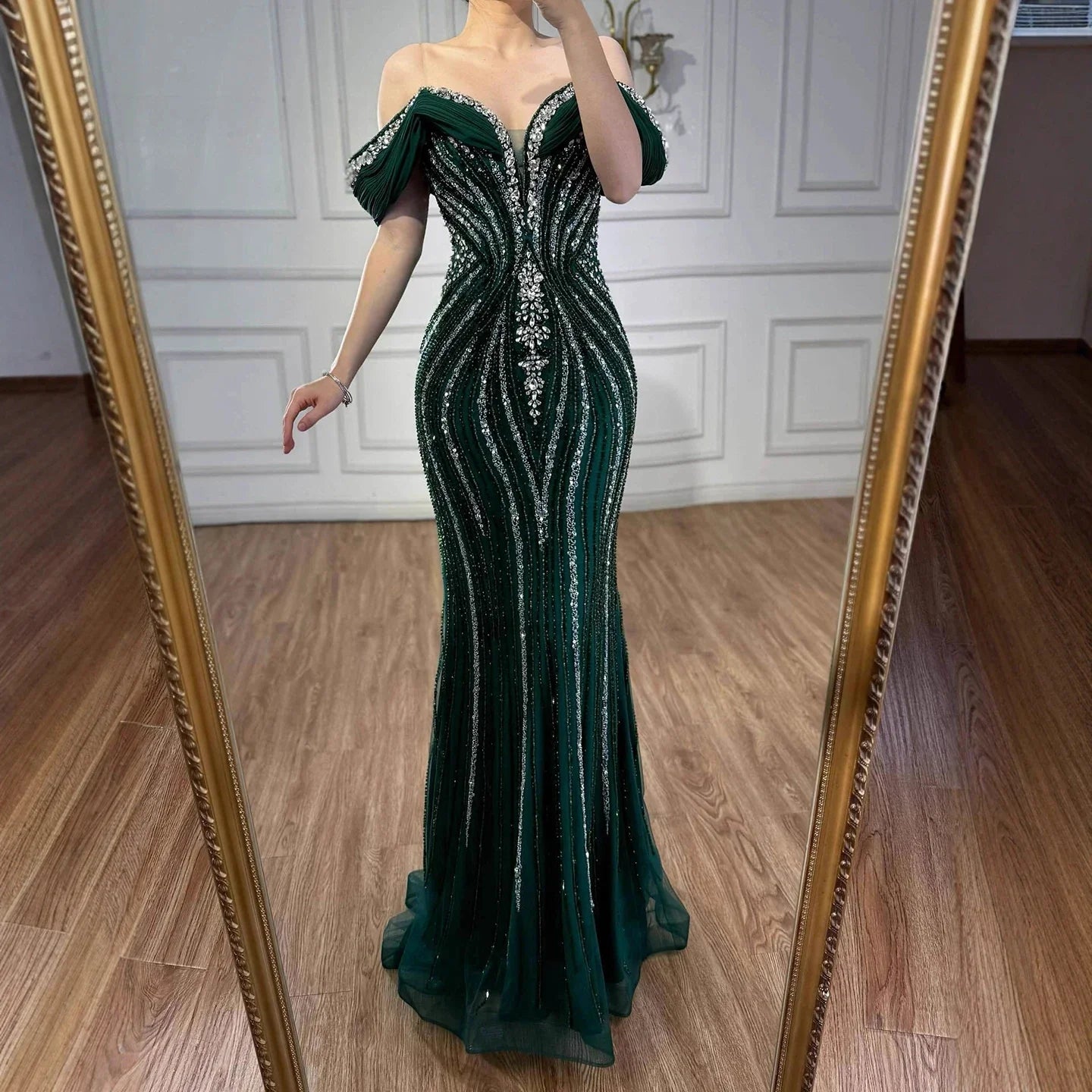 Luxury Green Gold Beaded Dubai Designer Mermaid Evening Dress LA73142 - SERENE HILL