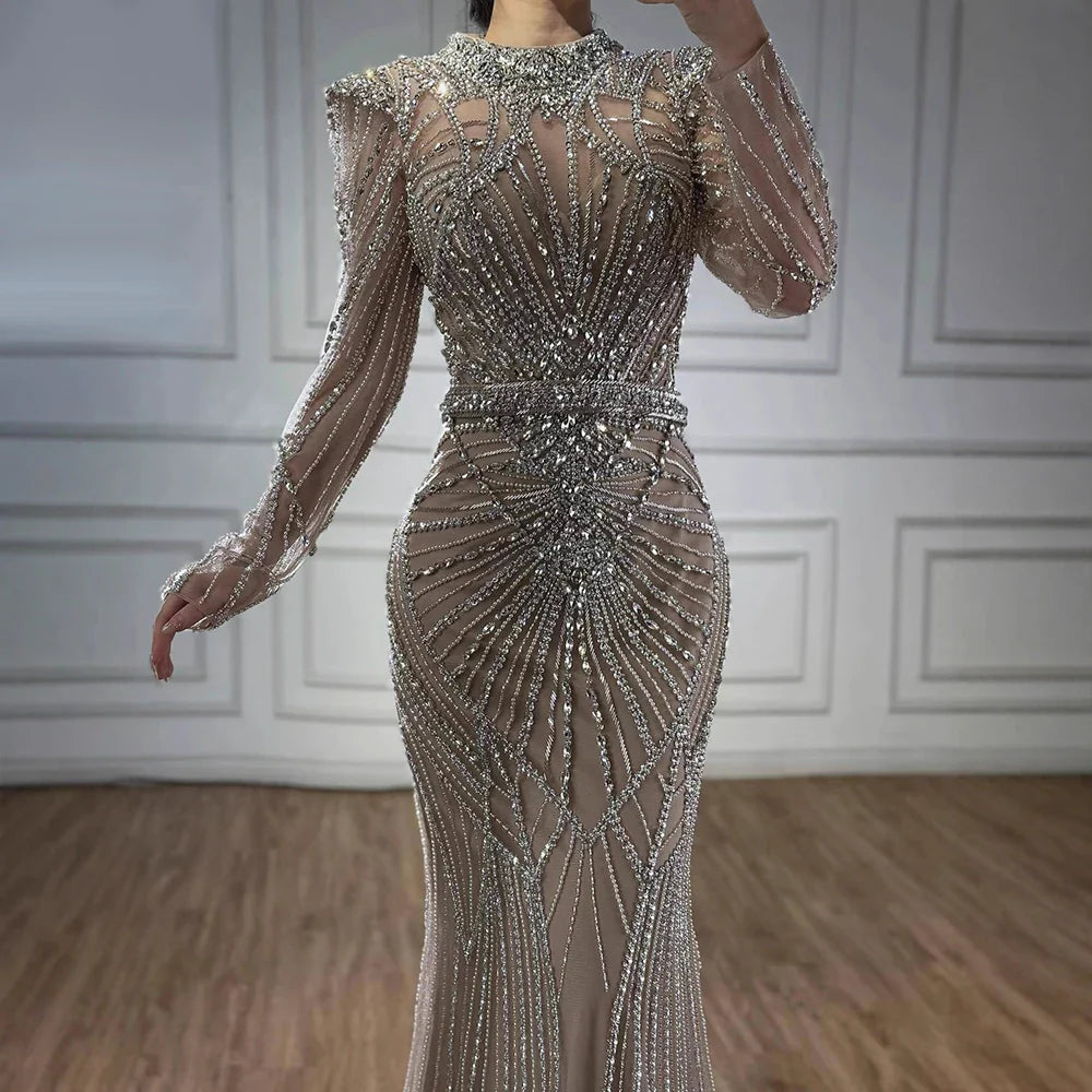 Modest Caramel High Collar Evening Dress for Wedding Guest LA73203 - SERENE HILL