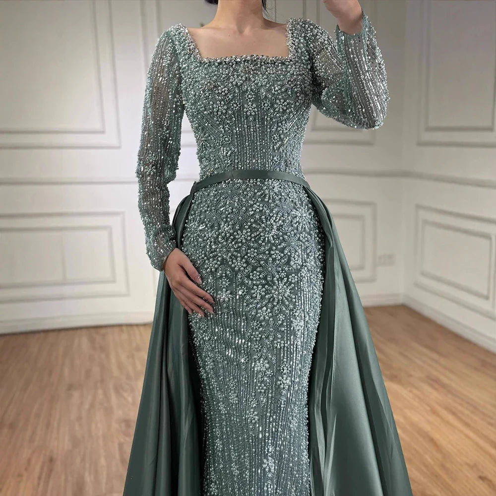 Luxury  Dubai Arabic Muslim Caramel Mermaid Beaded Evening Gown with Overskirt LA72533A