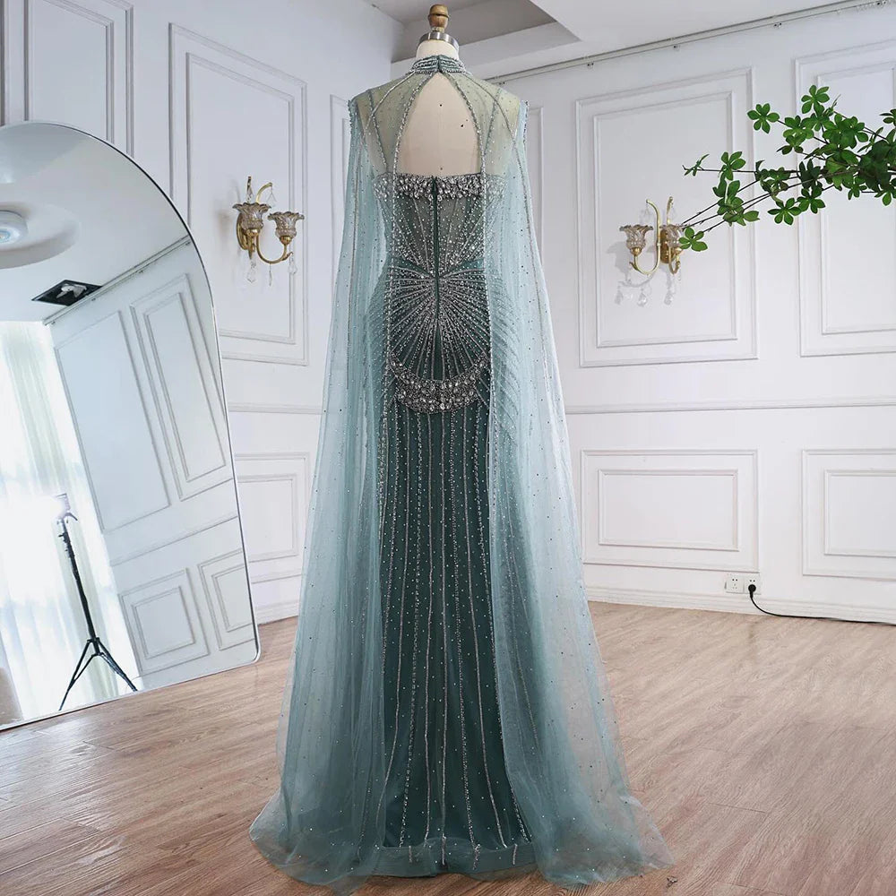 Luxury Turquoise Crystal Beaded Evening Dress with Cape LA73202 - SERENE HILL