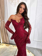 Luxury Wine Red Lace Beaded Mermaid Evening Dress LA73341