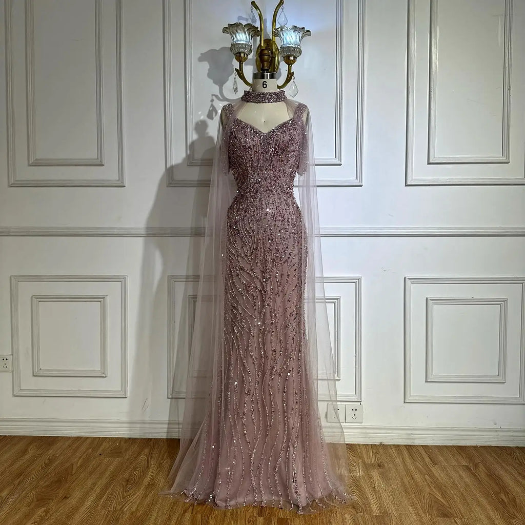 Pink Mermaid Luxury Beaded Evening Gown with Cape Sleeves LA72921
