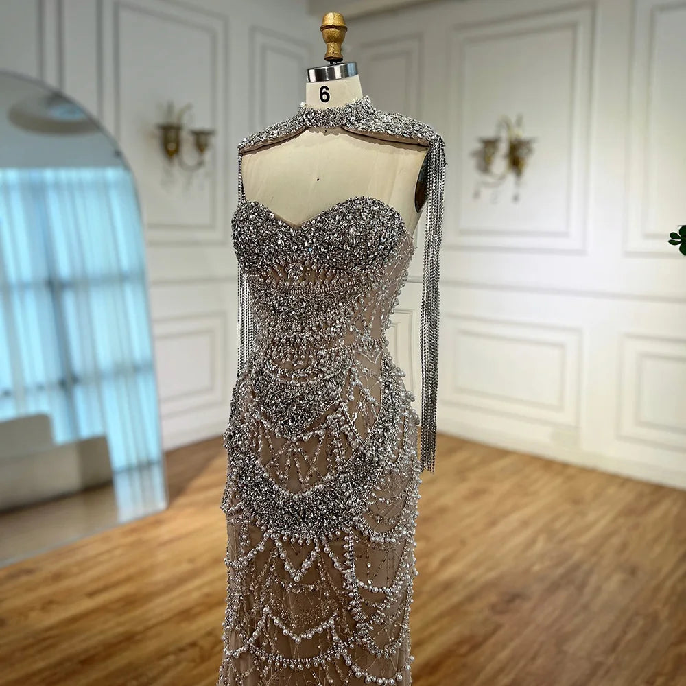 Nude Luxury Beaded Evening Dress with Tassel Short Cape LA72876