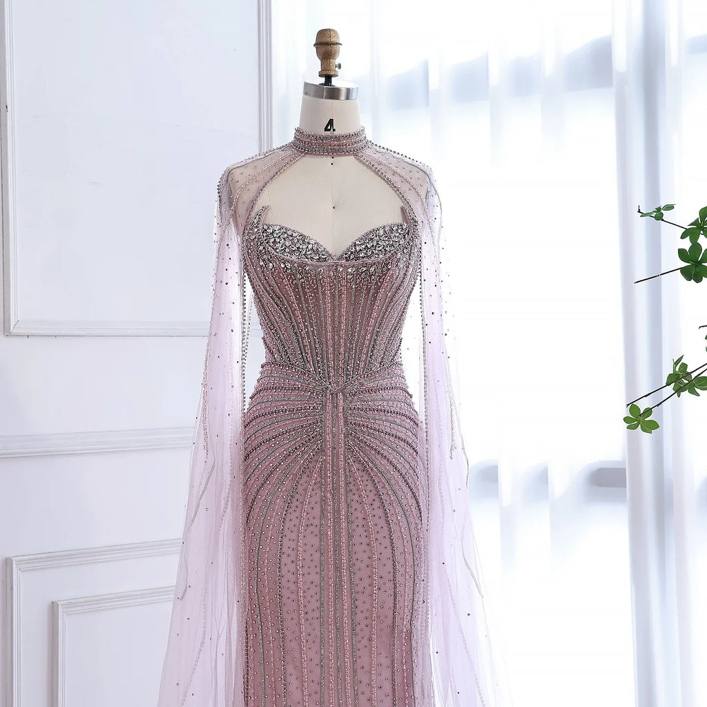 Luxury Dubai Caramel Beaded Evening Dress With Cape LA72811C - SERENE HILL