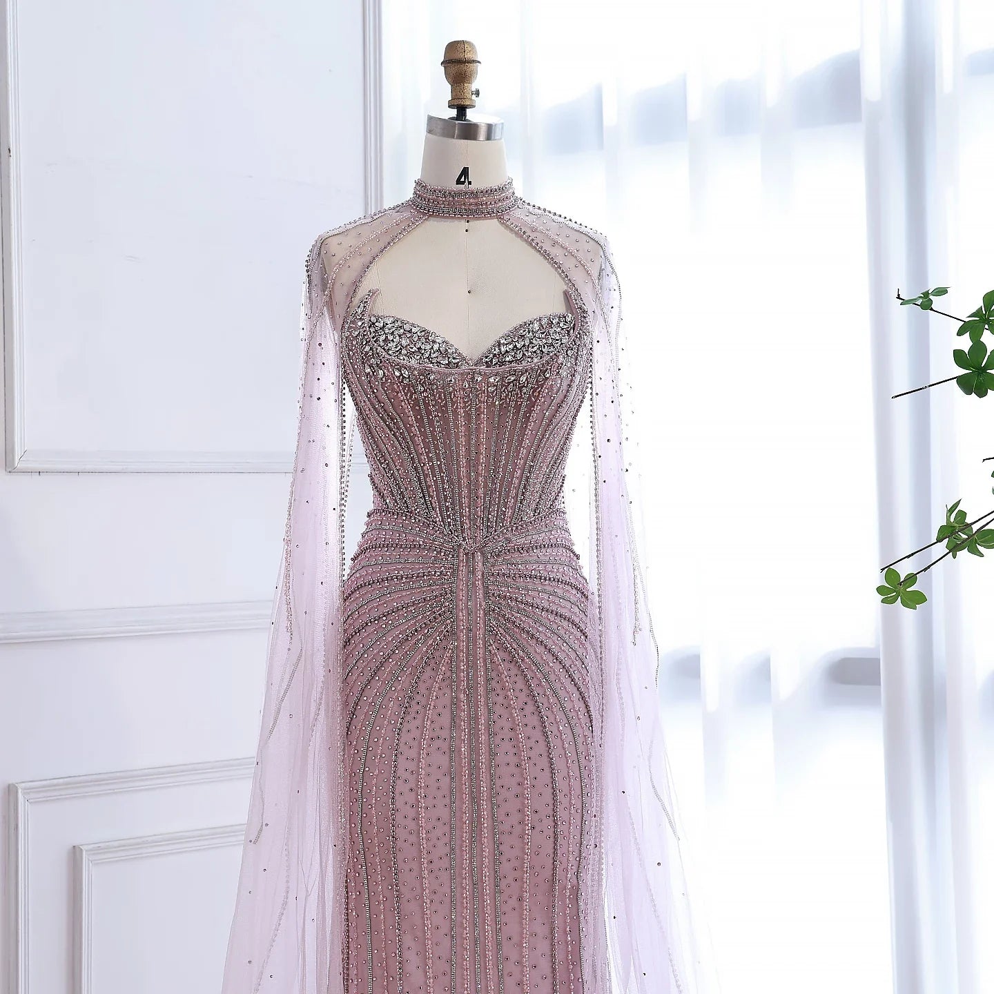 Luxury Dubai Caramel Beaded Evening Dress With Cape LA72811C - SERENE HILL