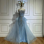 Luxury Dubai Nude Saudi Beaded Spaghetti Strap Evening Dress with Overskirt LA72810