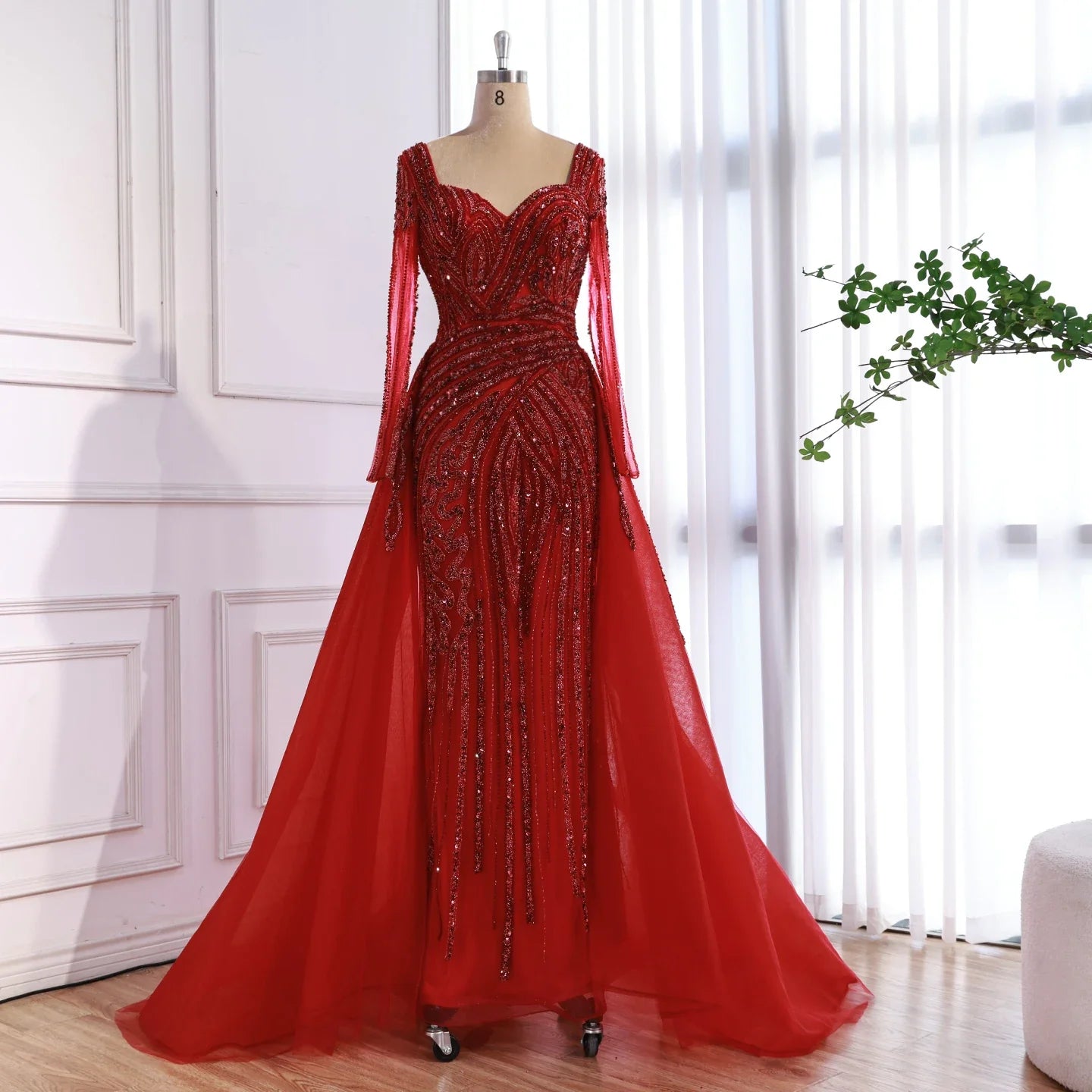 Luxury Dubai Pink Evening Dress Long Sleeve with Train LA73198 - SERENE HILL