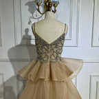 Luxury Dubai Nude Saudi Beaded Spaghetti Strap Evening Dress with Overskirt LA72810
