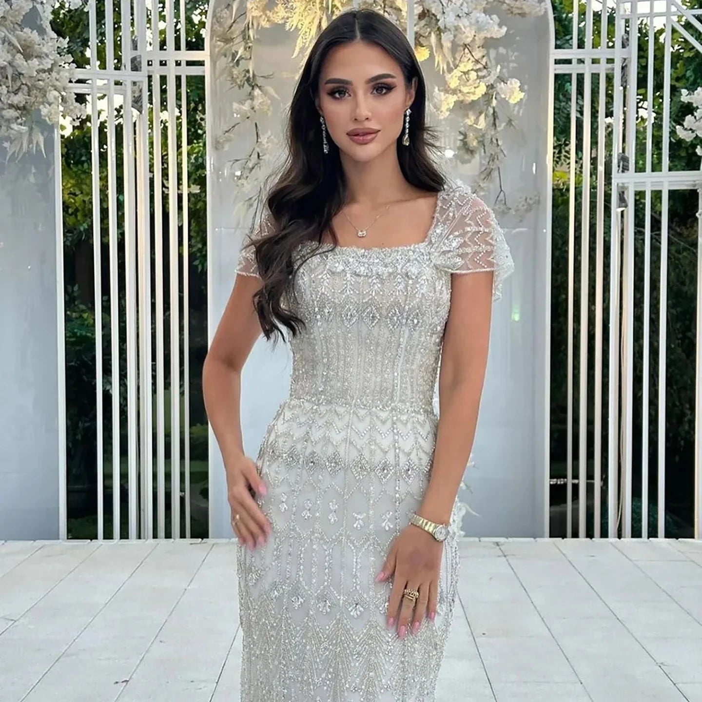 Luxury Dubai White Mermaid Beaded Evening Dress with  Cape Sleeves LA72714