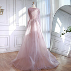 Luxury Dubai Pink Evening Dress Long Sleeve with Train LA73198 - SERENE HILL