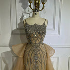 Luxury Dubai Nude Saudi Beaded Spaghetti Strap Evening Dress with Overskirt LA72810