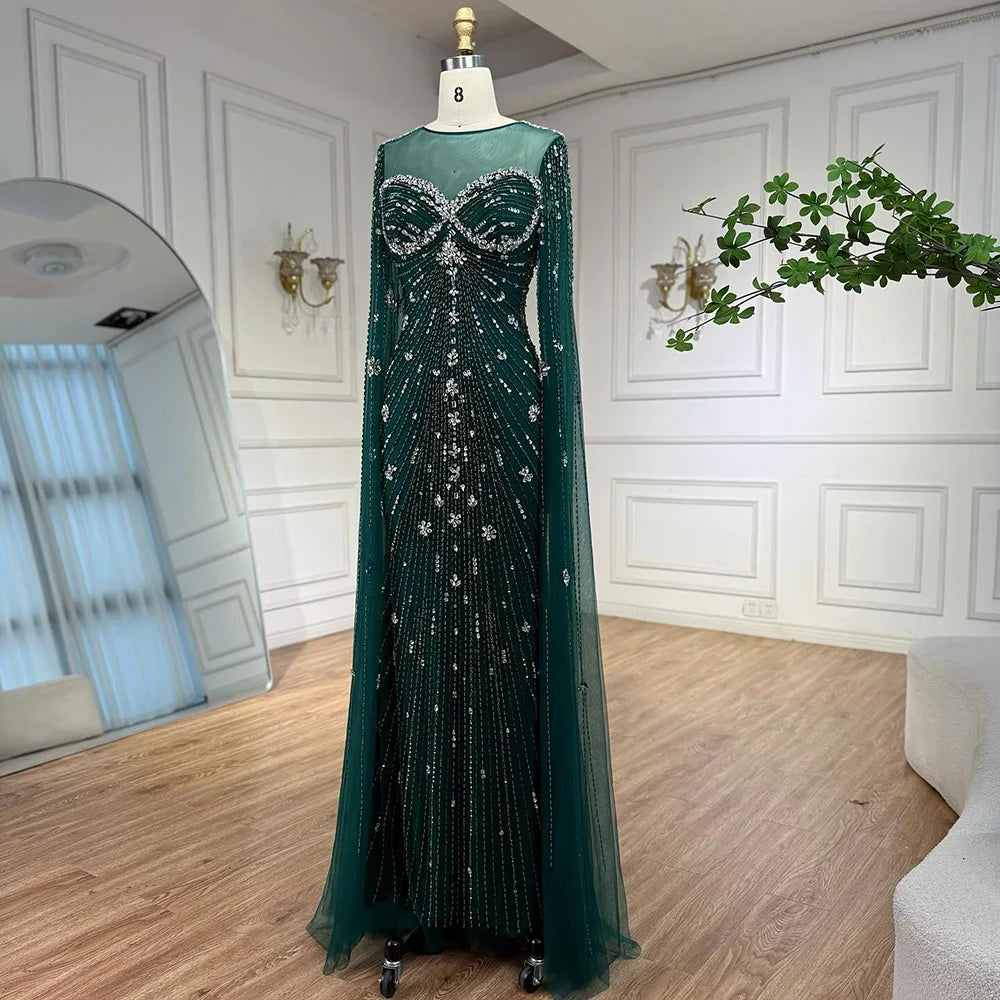 Luxury Green Beaded Mermaid Dress with Cape Sleeves LA73115