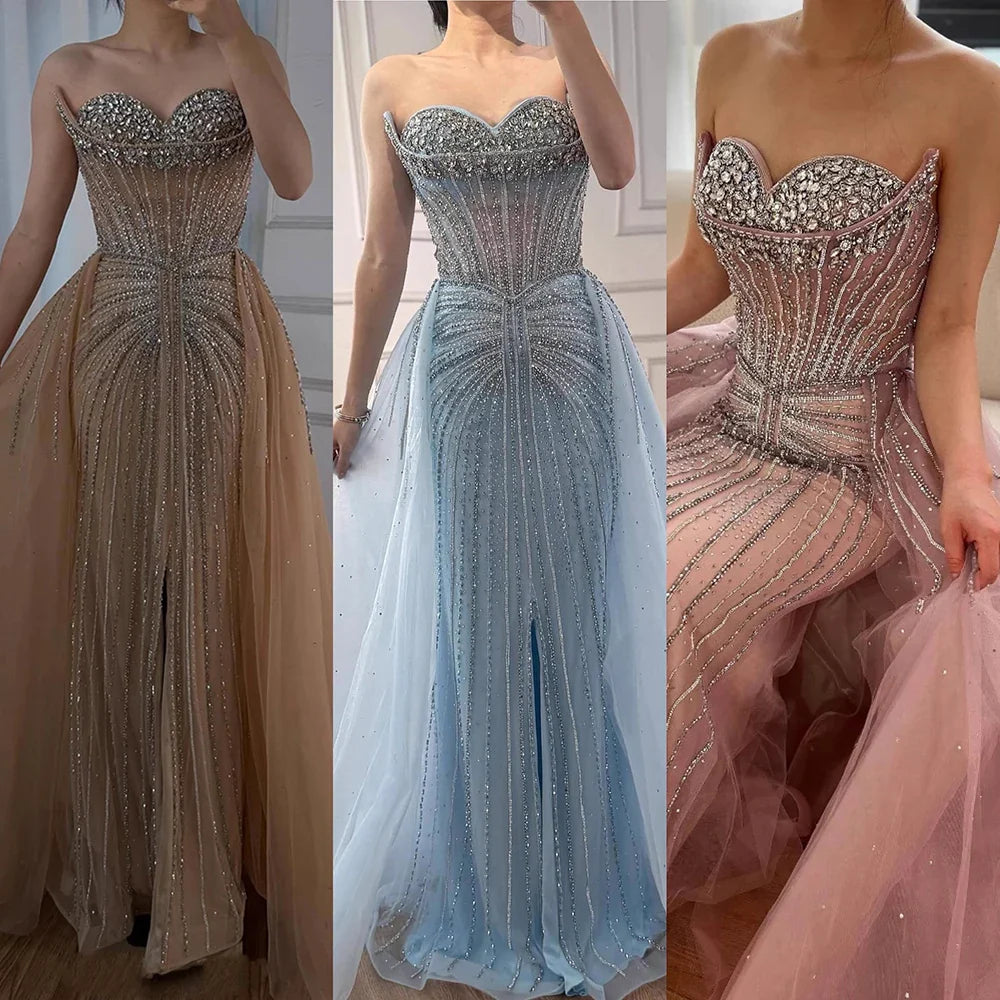 Luxury Dubai Nude Beaded Mermaid Evening Dress with Overskirt LA72811
