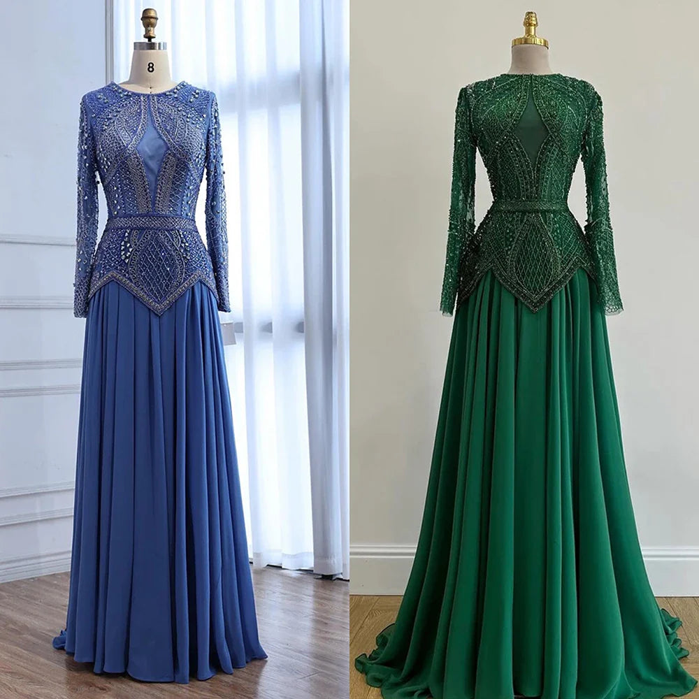 Green Modest Elegant Beaded Evening Dress with Long Sleeves LA72962