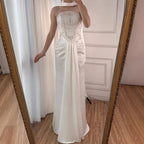 White Satin Beaded Evening Dress with Gloves LA73086