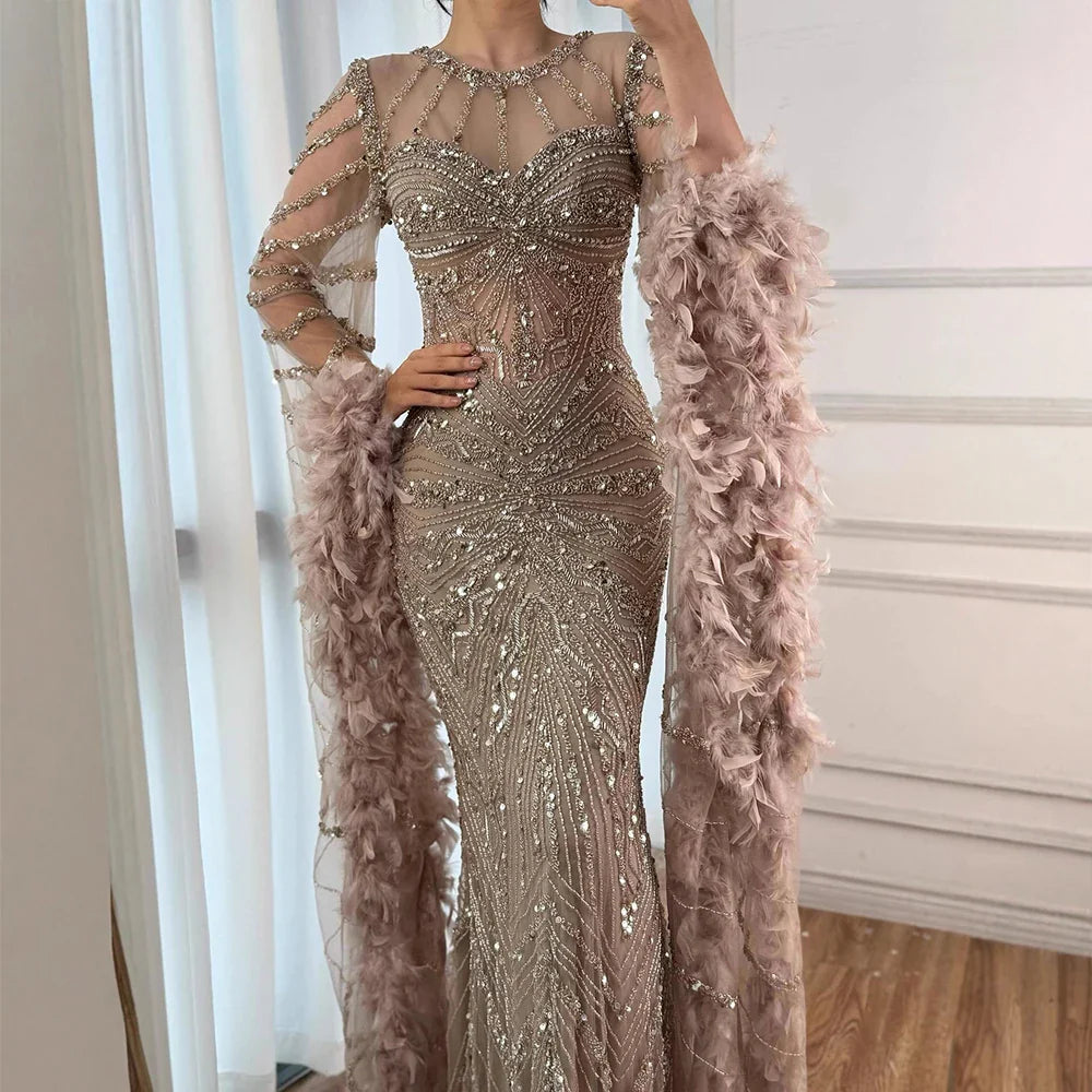 Modest Pink Feathers Long Cape Sleeves Mermaid Evening Dress LA72708A