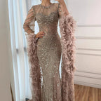 Modest Pink Feathers Long Cape Sleeves Mermaid Evening Dress LA72708A