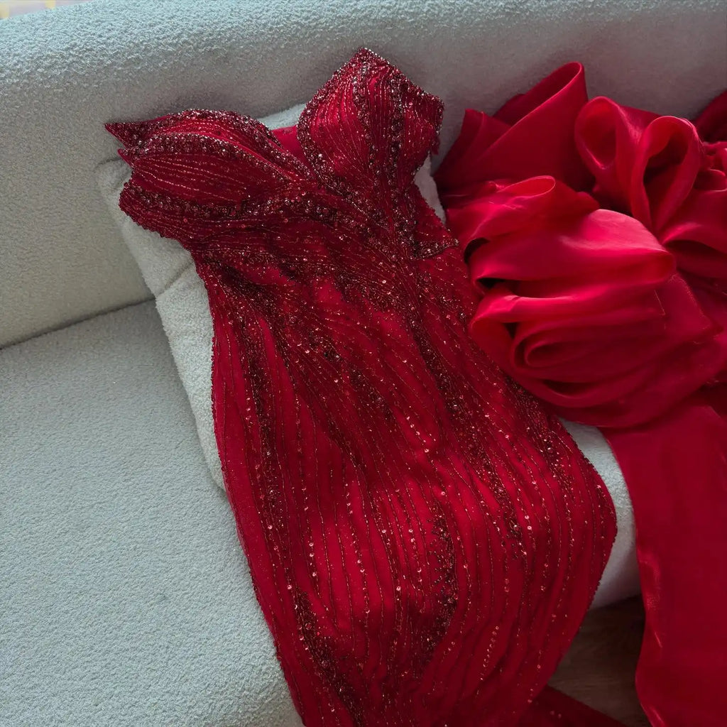 Red Trapless Mermaid Beaded Evening Dress with Cape LA72896