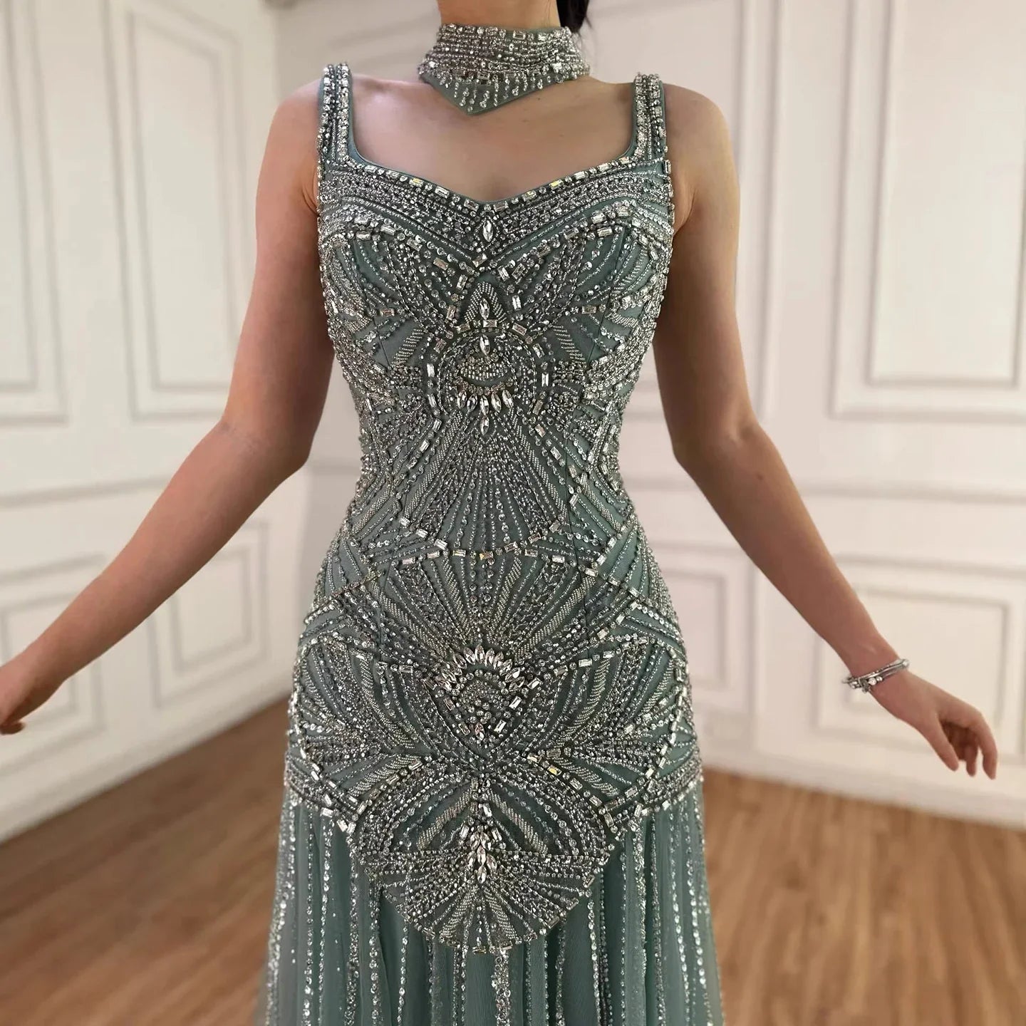 Luxury Turquoise Arabic Mermaid Beaded Evening Dress LA73189B