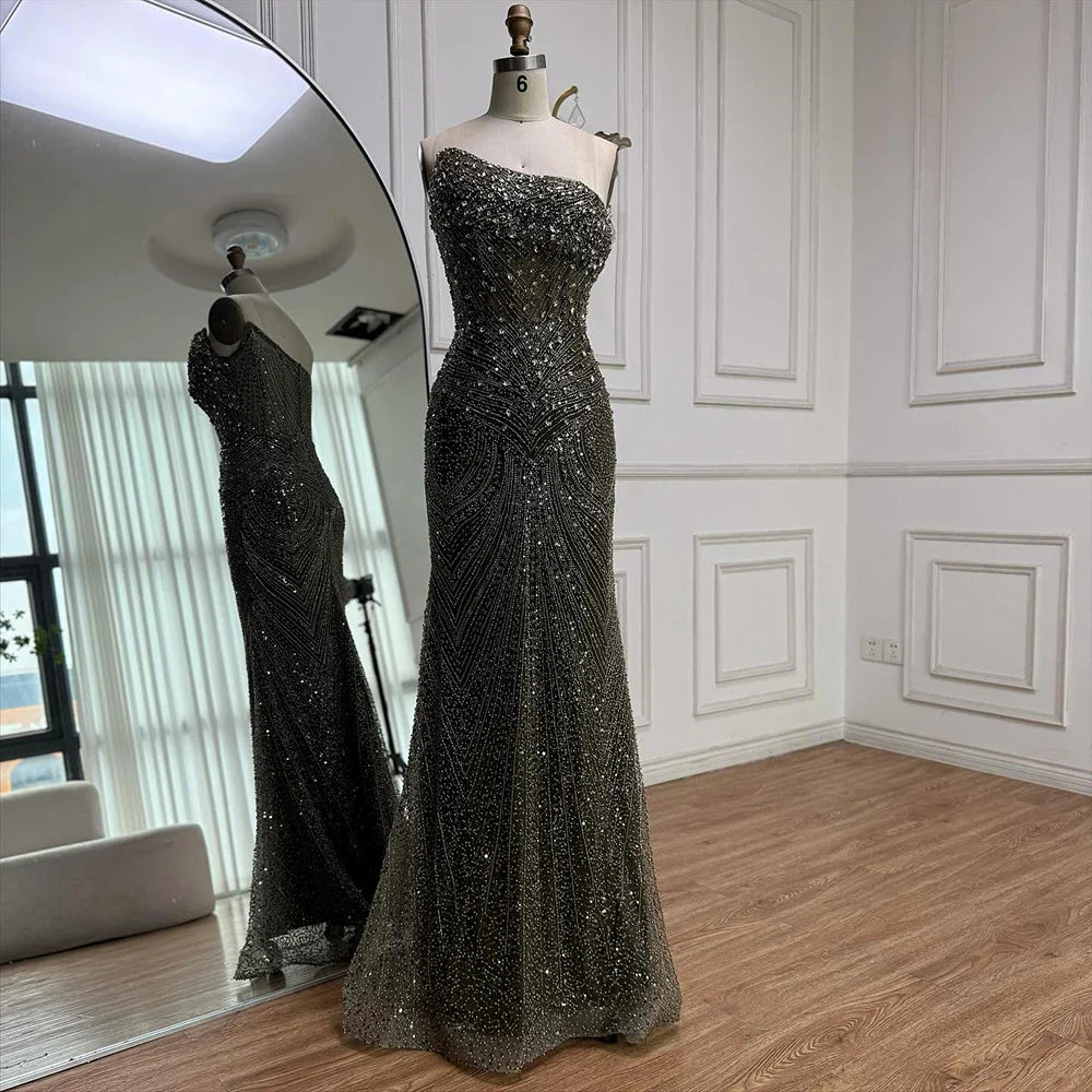 Luxury Olive Green Beaded Mermaid Evening Dress with Detachable Overskirt LA73164A