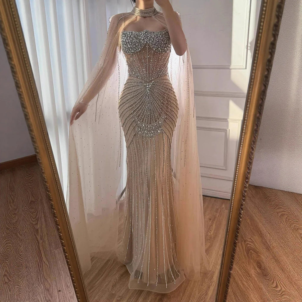 Luxury Turquoise Crystal Beaded Evening Dress with Cape LA73202 - SERENE HILL
