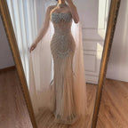 Luxury Turquoise Crystal Beaded Evening Dress with Cape LA73202 - SERENE HILL
