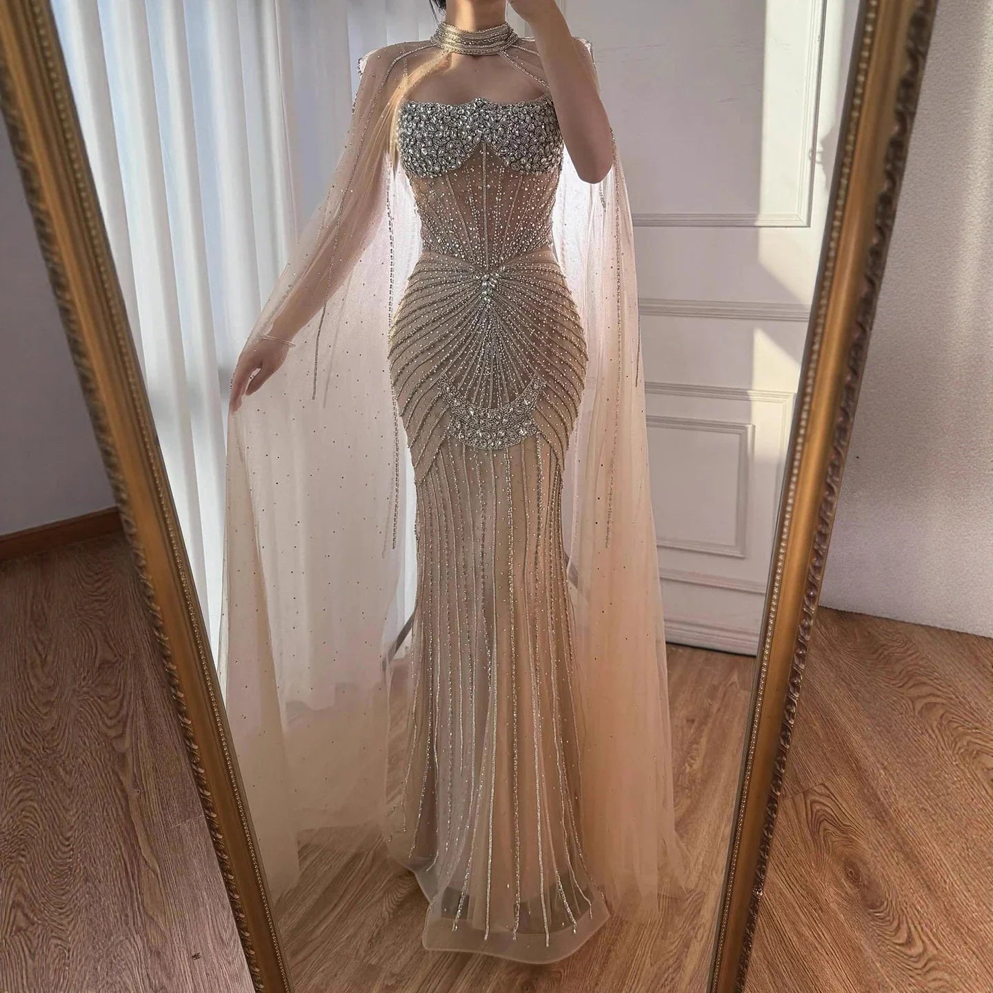 Luxury Turquoise Crystal Beaded Evening Dress with Cape LA73202 - SERENE HILL
