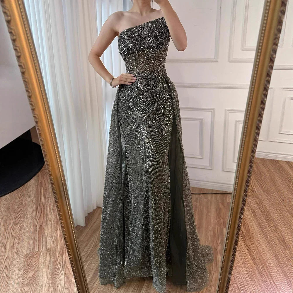 Luxury Olive Green Beaded Mermaid Evening Dress with Overskirt LA73164