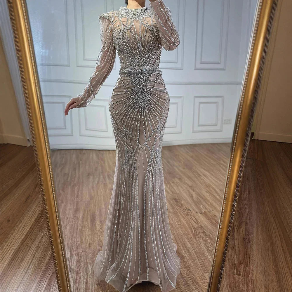 Modest Caramel High Collar Evening Dress for Wedding Guest LA73203 - SERENE HILL