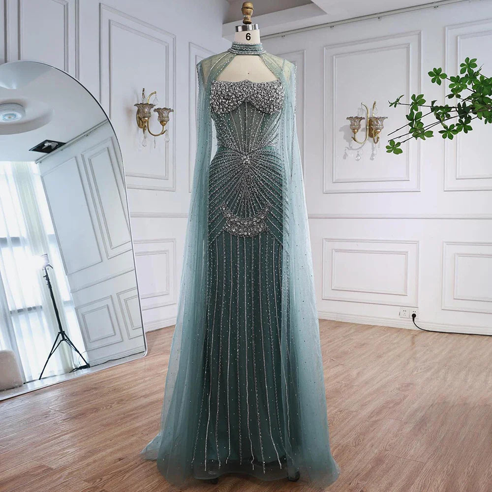 Luxury Turquoise Crystal Beaded Evening Dress with Cape LA73202 - SERENE HILL