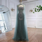 Luxury Turquoise Crystal Beaded Evening Dress with Cape LA73202 - SERENE HILL