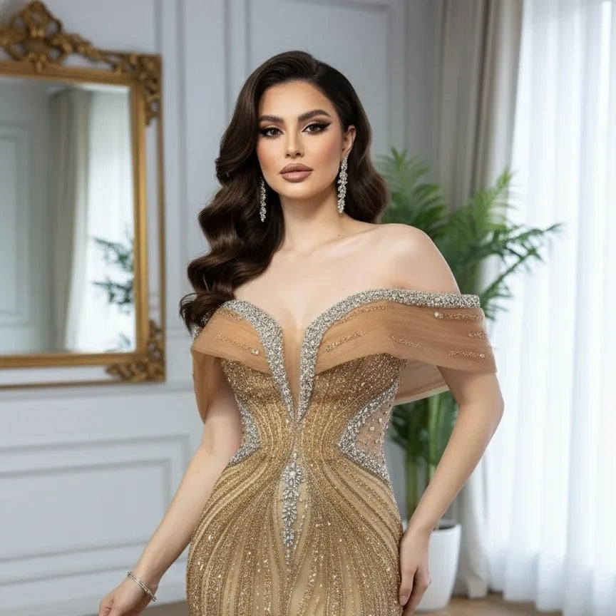 Luxury Saudi Arabic Gold Luxury Crystal Beaded Mermaid Evening Dress LA73142A - SERENE HILL